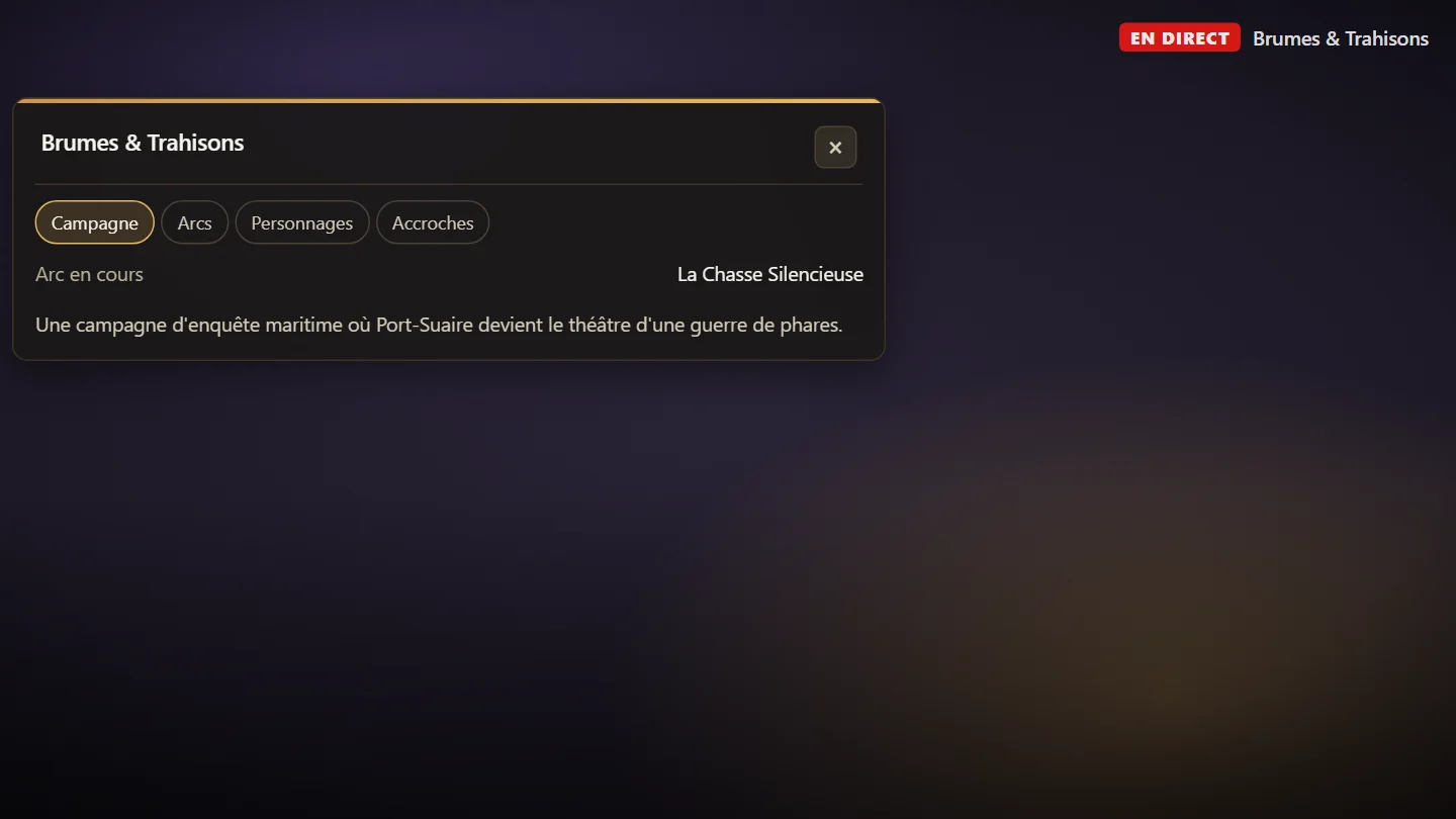 L'overlay par-dessus un stream : l'encart ouvert sur l'onglet Campagne, avec l'arc en cours et le résumé de la campagne.