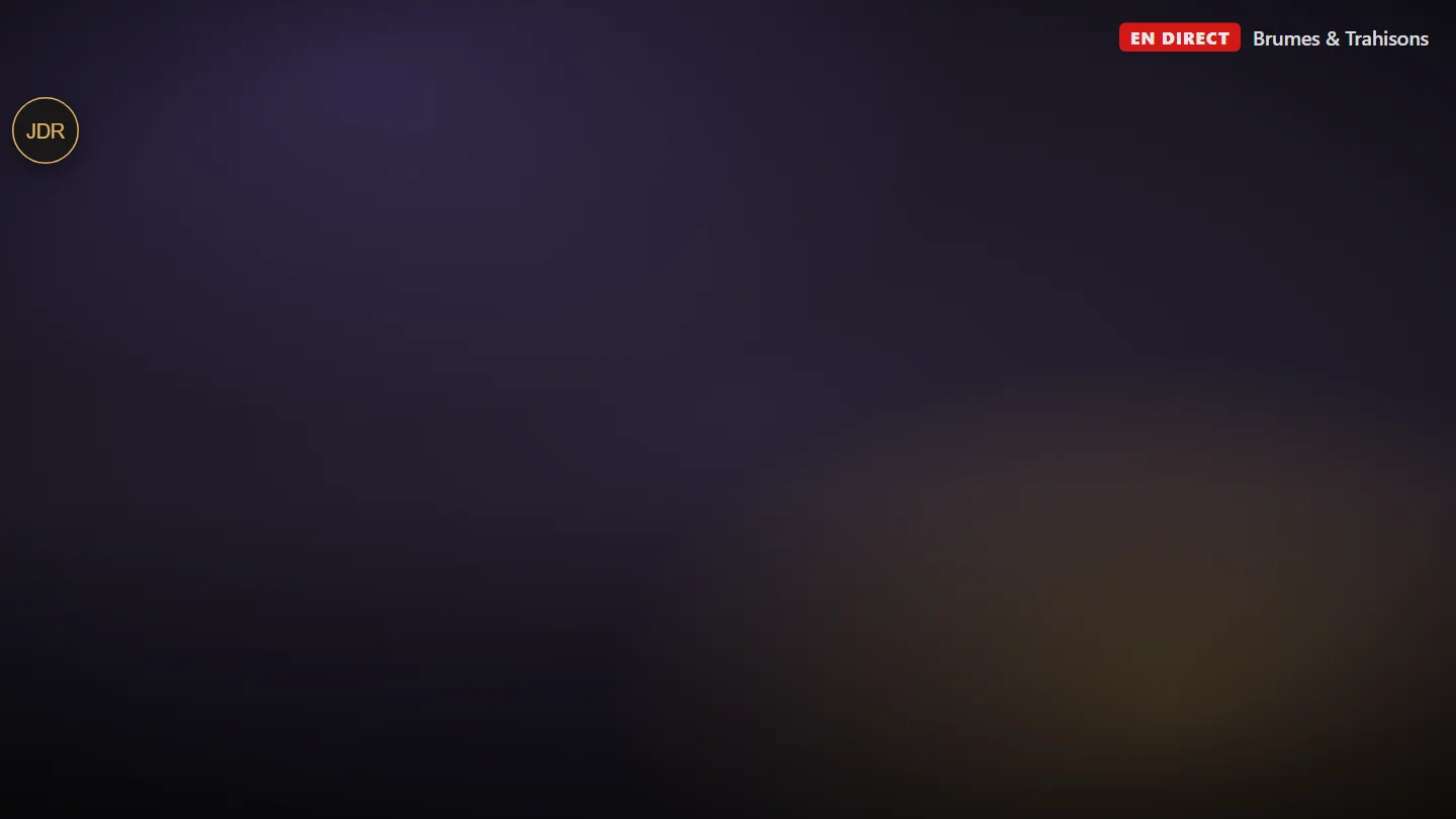 L'overlay replié par-dessus un stream : il ne reste qu'un petit bouton rond marqué JDR en haut à gauche de la vidéo.