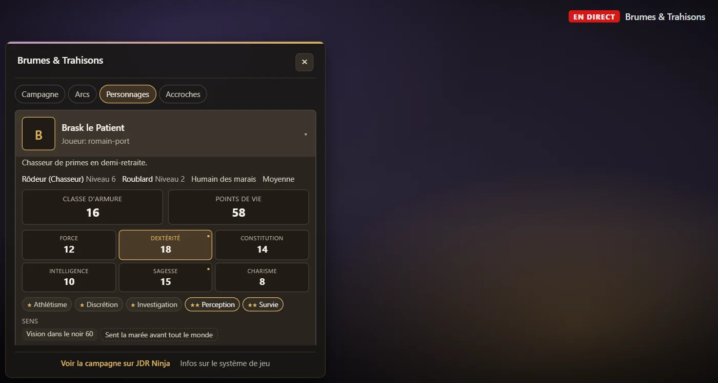 L'overlay sur un stream : la carte de la campagne ouverte sur l'onglet Personnages, avec la fiche d'un personnage joueur (classes, classe d'armure, points de vie, caractéristiques, compétences, sens).