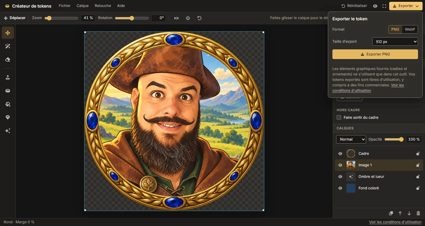 Le panneau d'export ouvert sur le token : le format PNG ou WebP, la taille de 512 pixels, le bouton d'export et la mention sur l'utilisation des éléments graphiques.