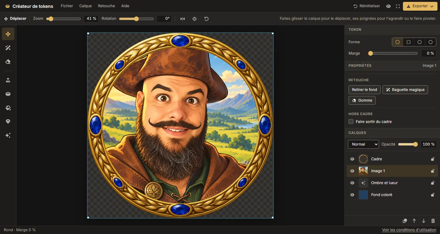 Le token terminé : un aventurier barbu au chapeau de cuir dans un cadre doré, avec à droite les outils de retouche et la liste des calques.