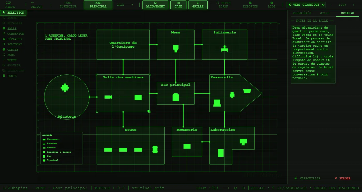 La même carte avec ses trois onglets de niveau en haut, la salle des machines sélectionnée et le panneau de ses notes ouvert à droite.