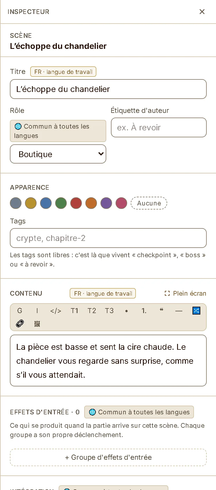 L'inspecteur d'une scène de boutique : le titre, le sélecteur de rôle, les pastilles de couleur, les tags et l'éditeur de texte.