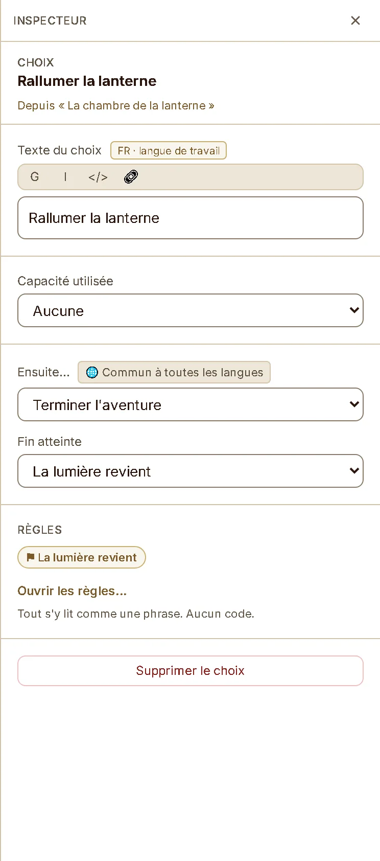 L'inspecteur d'un choix : le texte du choix, le sélecteur de destination et les puces résumant ses règles.