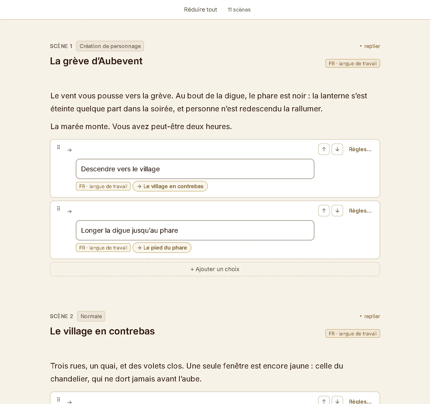 Le manuscrit : le plan numéroté à gauche, et les scènes à la suite avec leur titre, leur texte et leurs choix.