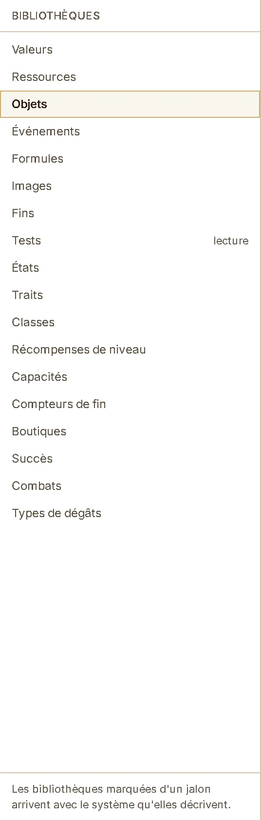 Le panneau des bibliothèques : la liste des dix-huit, avec « Objets » sélectionné.