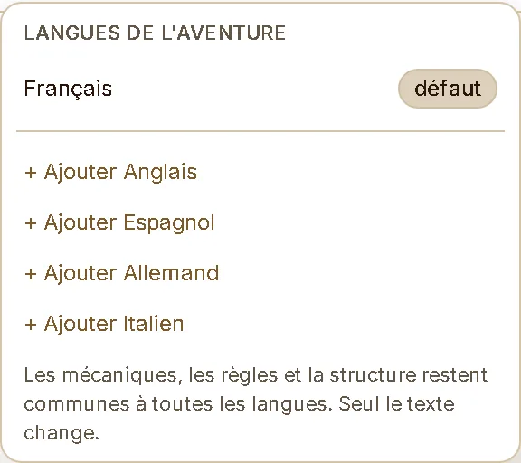 Le menu de la langue de travail : les langues gérées, avec le nombre de champs restant à traduire, et le bouton pour en ajouter une.