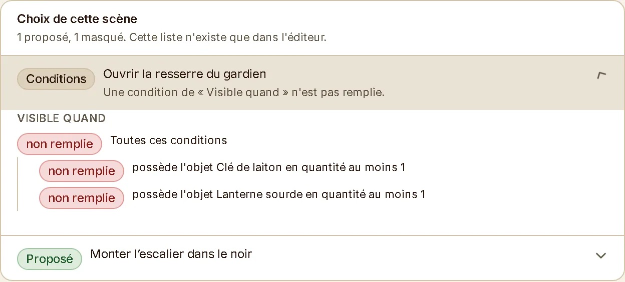 L'inspection d'un choix masqué : le contrôle qui a échoué, puis chaque condition avec la mention « non remplie ».