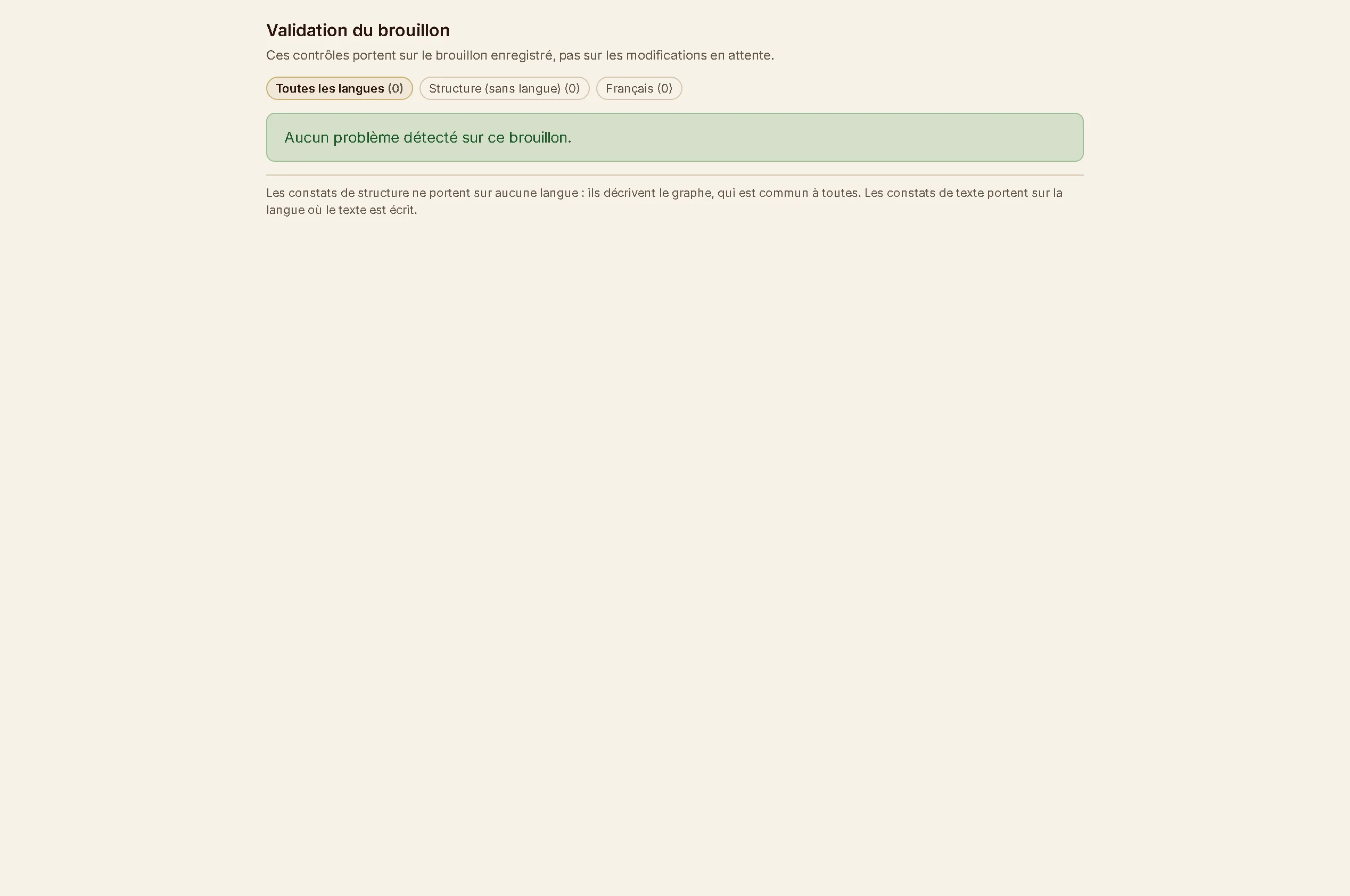 Le rapport de validation d'une aventure sans erreur : les compteurs à zéro et le message qui le dit.
