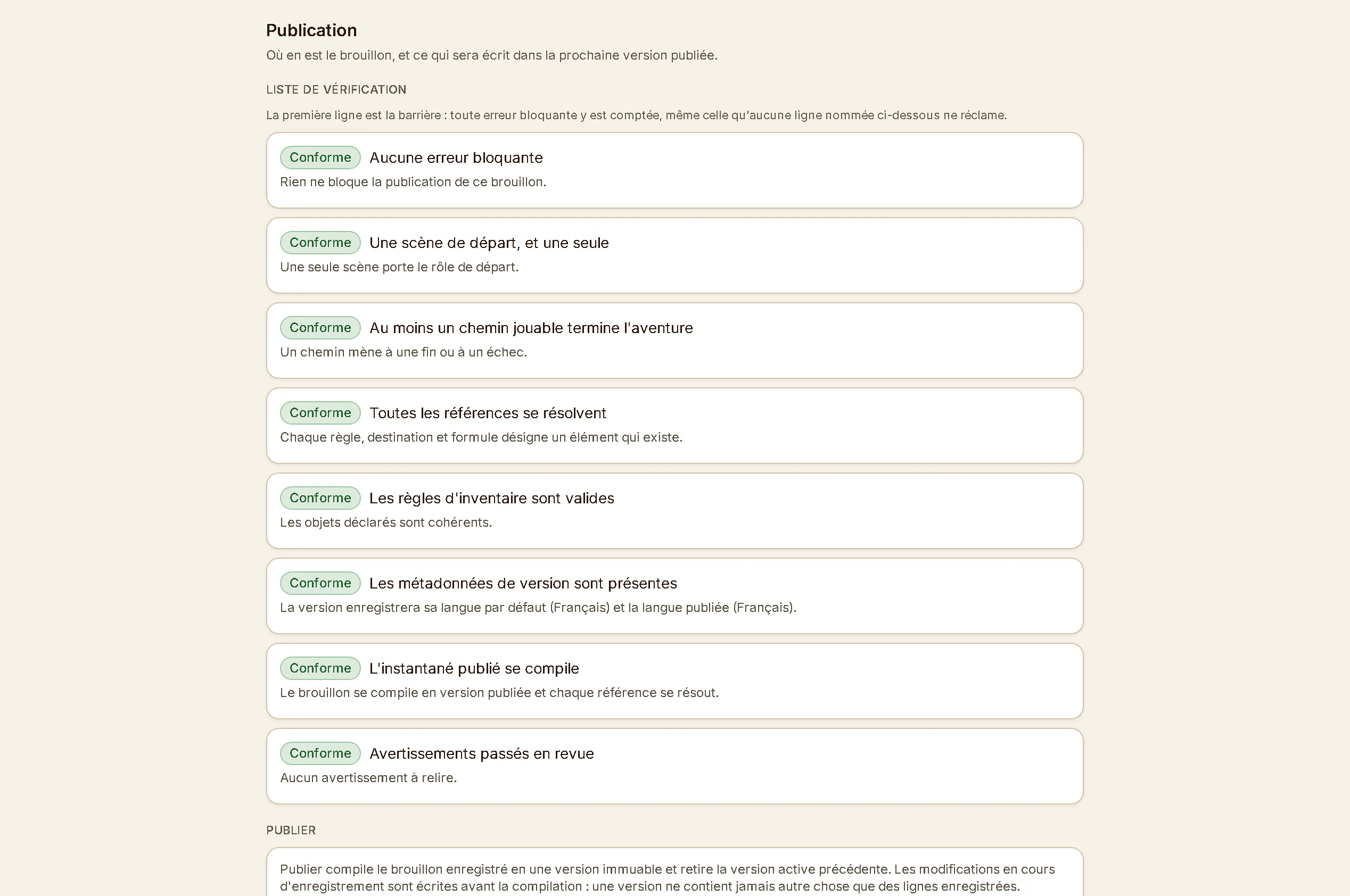 Le mode Publication : la liste des huit contrôles, chacun avec son état, et les étapes de la publication.