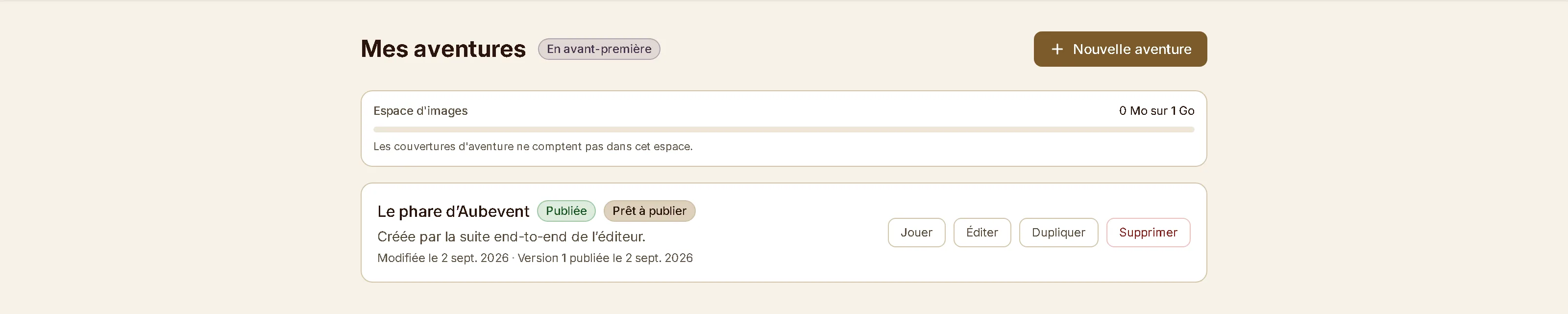 La page « Mes aventures » : un titre, la jauge d'espace d'images et le bouton « Nouvelle aventure ».