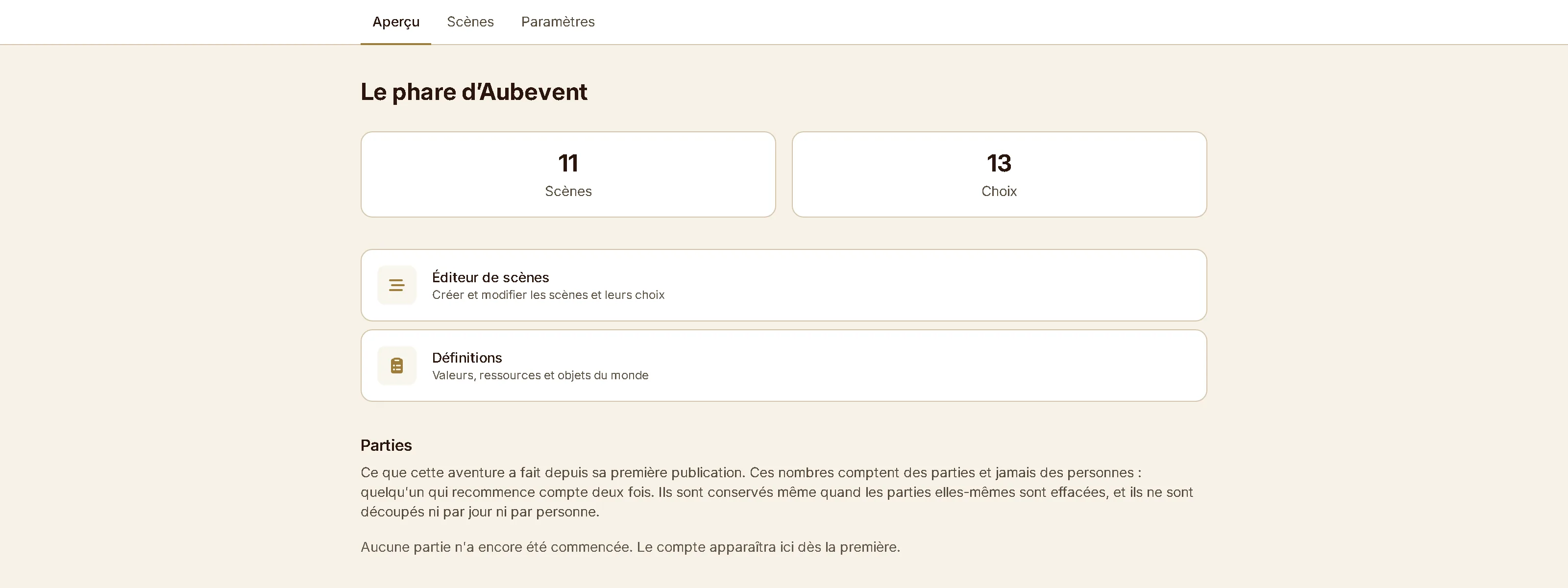 La page d'accueil d'une aventure : son titre, les onglets Aperçu, Scènes et Paramètres, et les compteurs du brouillon.