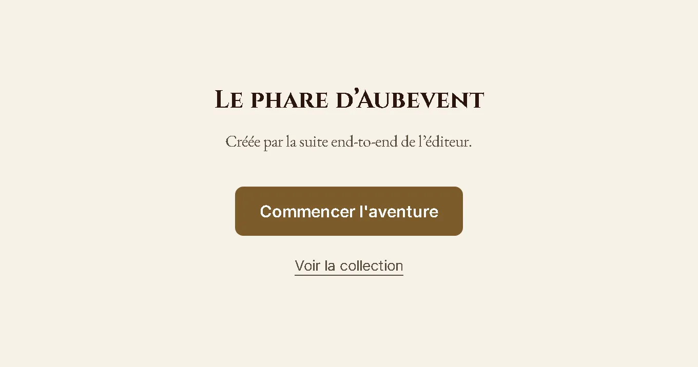 L'écran d'ouverture d'une aventure : son titre, sa description et le bouton pour commencer.