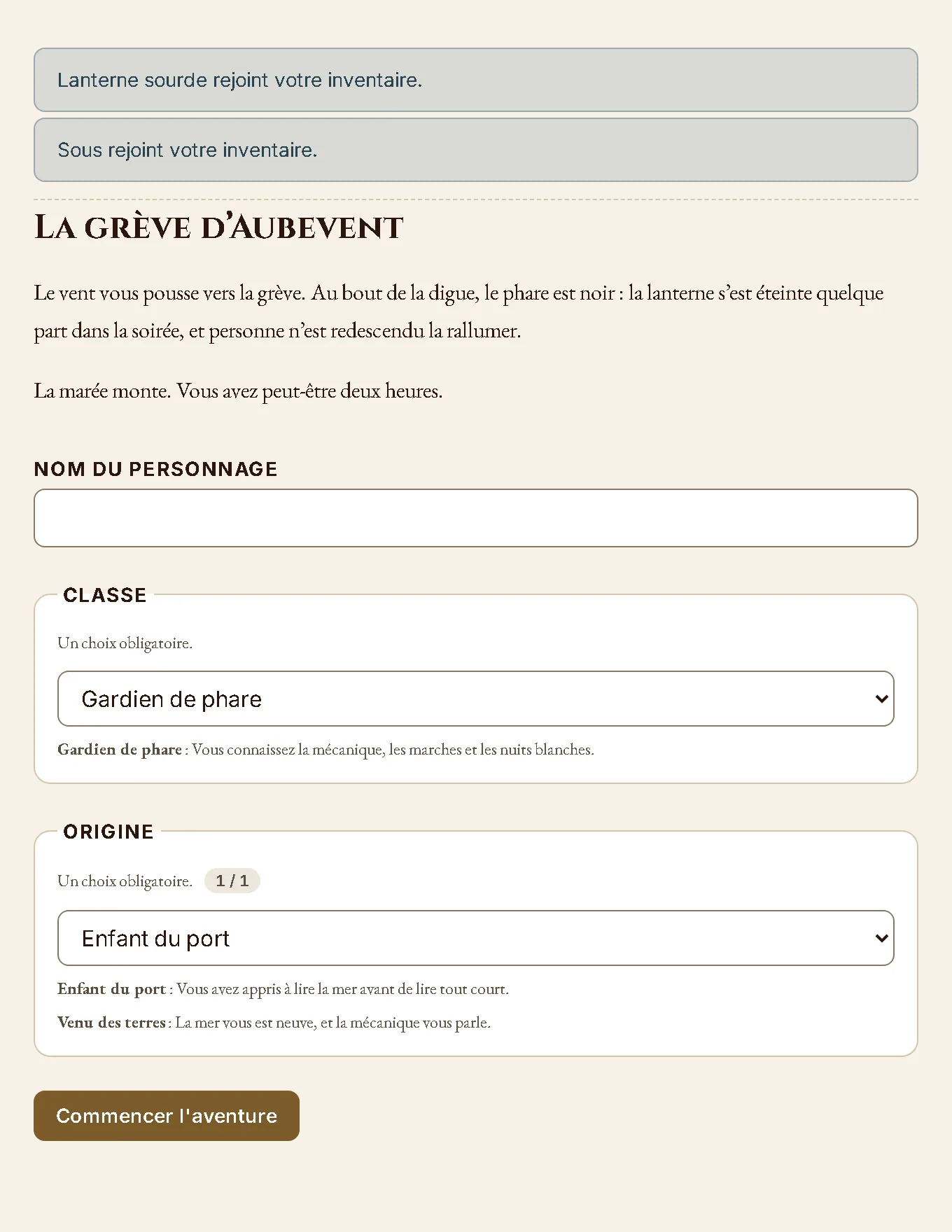 L'écran de création de personnage : le texte de la scène, un champ pour le nom, un choix de classe et un choix d'origine, chacun avec sa description.