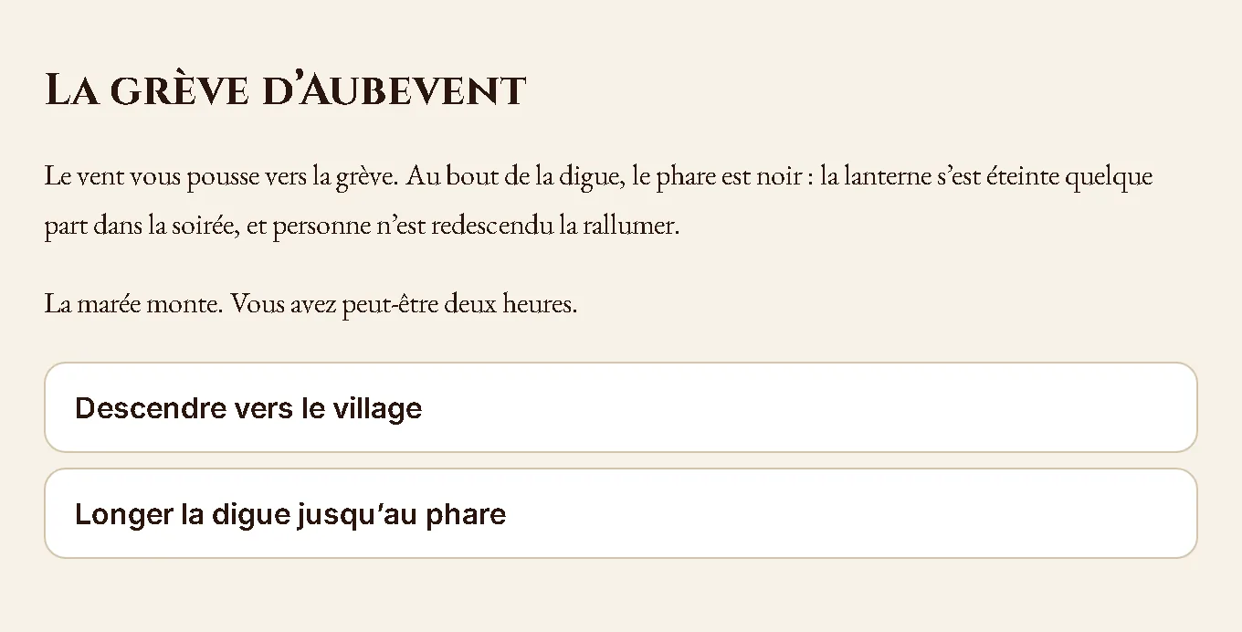 Une scène jouée : le titre, deux paragraphes de texte, et les actions ouvertes au personnage sous forme de boutons.