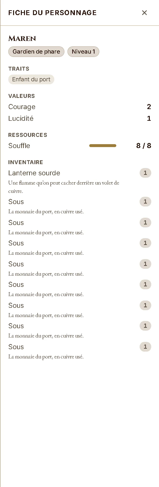 La feuille de personnage ouverte : le nom, la classe, les valeurs visibles, la jauge de ressource et l'inventaire.