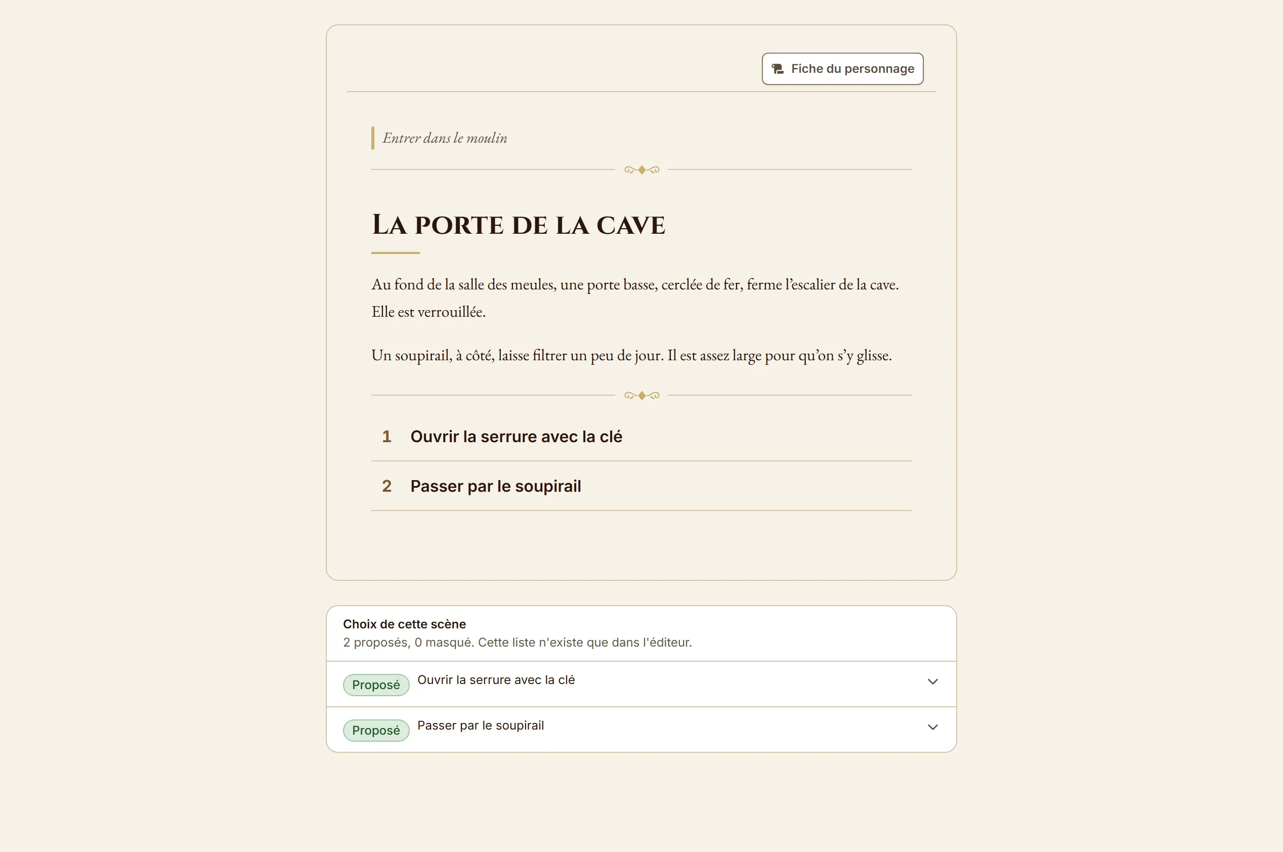 Le mode Aperçu sur la scène du dilemme : le texte de la scène et ses deux choix, puis, sous la partie d'essai, la liste des choix avec leur état.