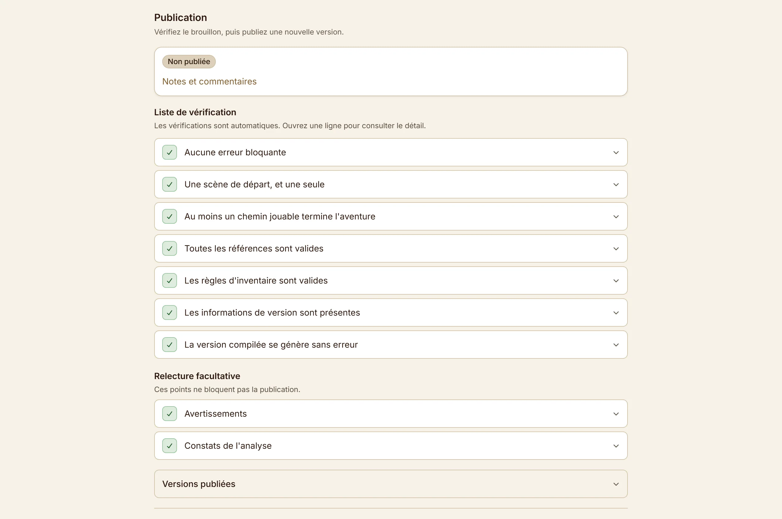 Le mode Publication : la liste des contrôles de l'aventure et le bouton « Publier cette aventure ».