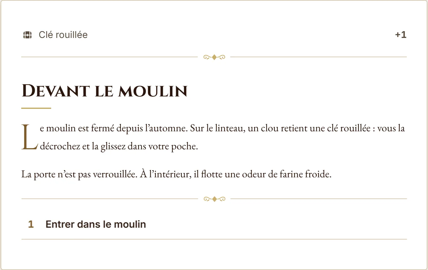 La première scène de l'aventure publiée, telle qu'un lecteur la découvre : le titre de la scène, son texte et les choix proposés.