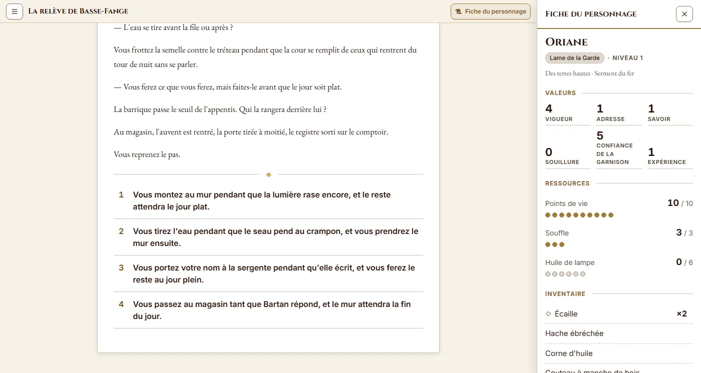 Une scène de La relève de Basse-Fange en cours de lecture, ses quatre choix numérotés au bas du texte et la fiche du personnage ouverte à droite.