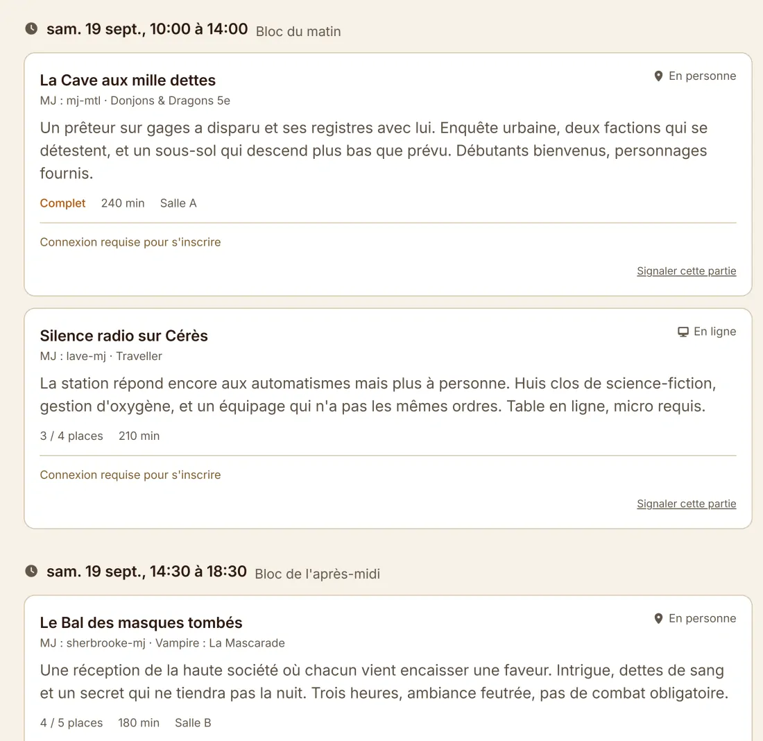 L'horaire publié : les parties d'un bloc, avec leur système, leur mode de jeu et les places restantes.