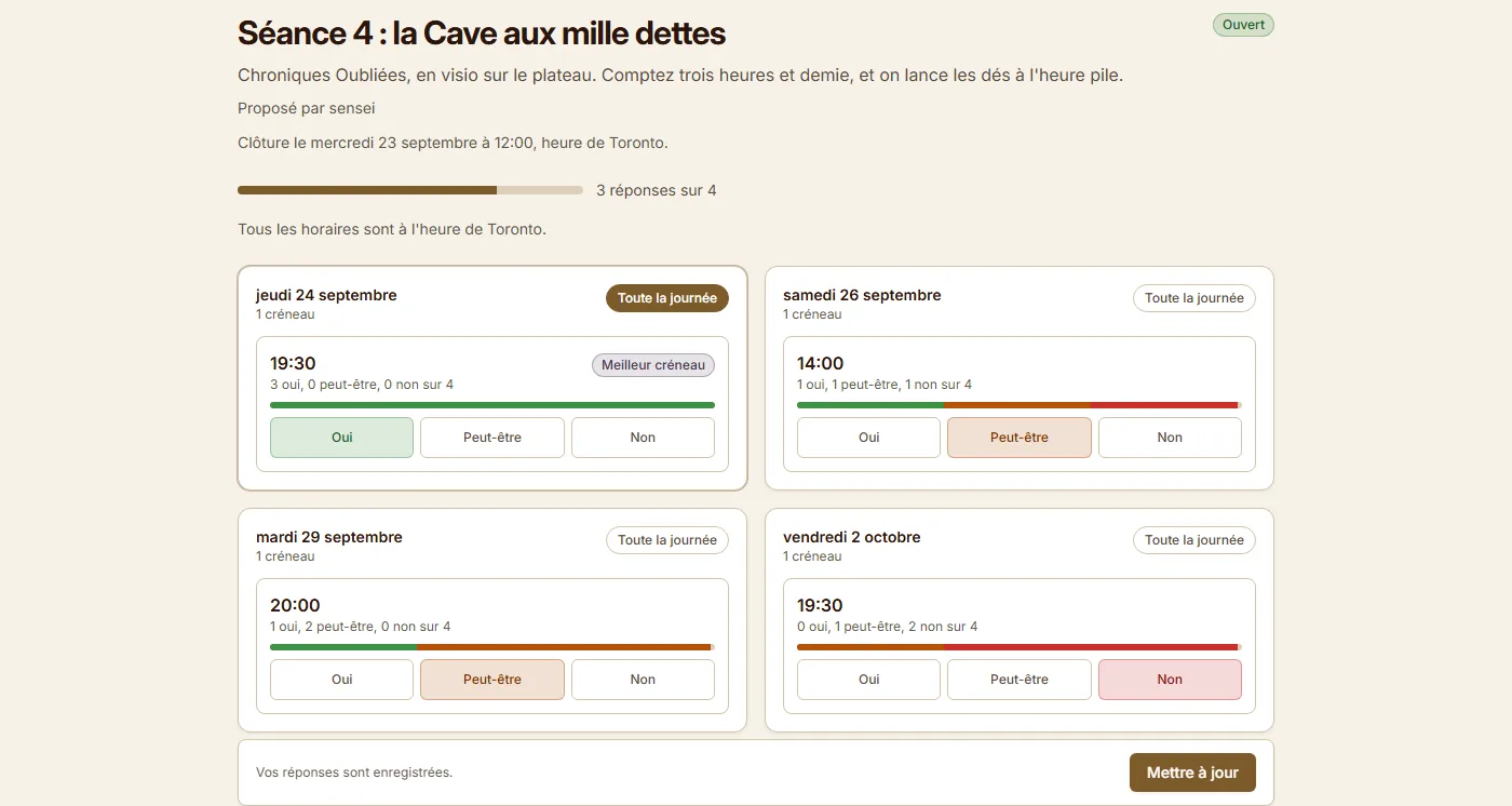Quatre dates proposées, chacune avec ses boutons Oui, Peut-être et Non et le décompte des réponses.