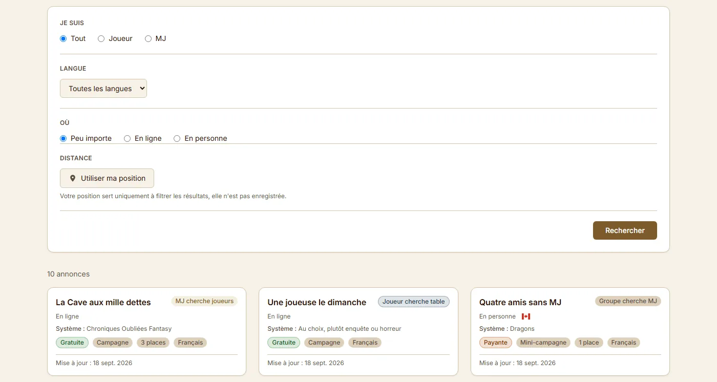 La page des annonces : les filtres par profil, langue, mode et distance, puis une rangée de trois cartes (MJ cherche joueurs, joueur cherche table, groupe cherche MJ) avec leur mode, leur système, leur coût, leurs places et leur langue.
