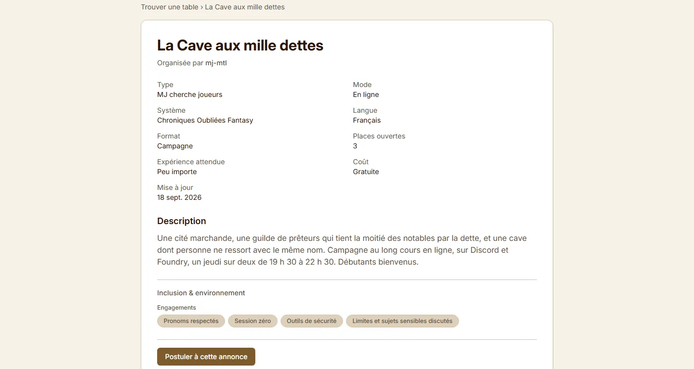 L'annonce La Cave aux mille dettes lue par un membre : type, mode, système, langue, format, places, expérience et coût, la description, les engagements de la table et le bouton Postuler à cette annonce.