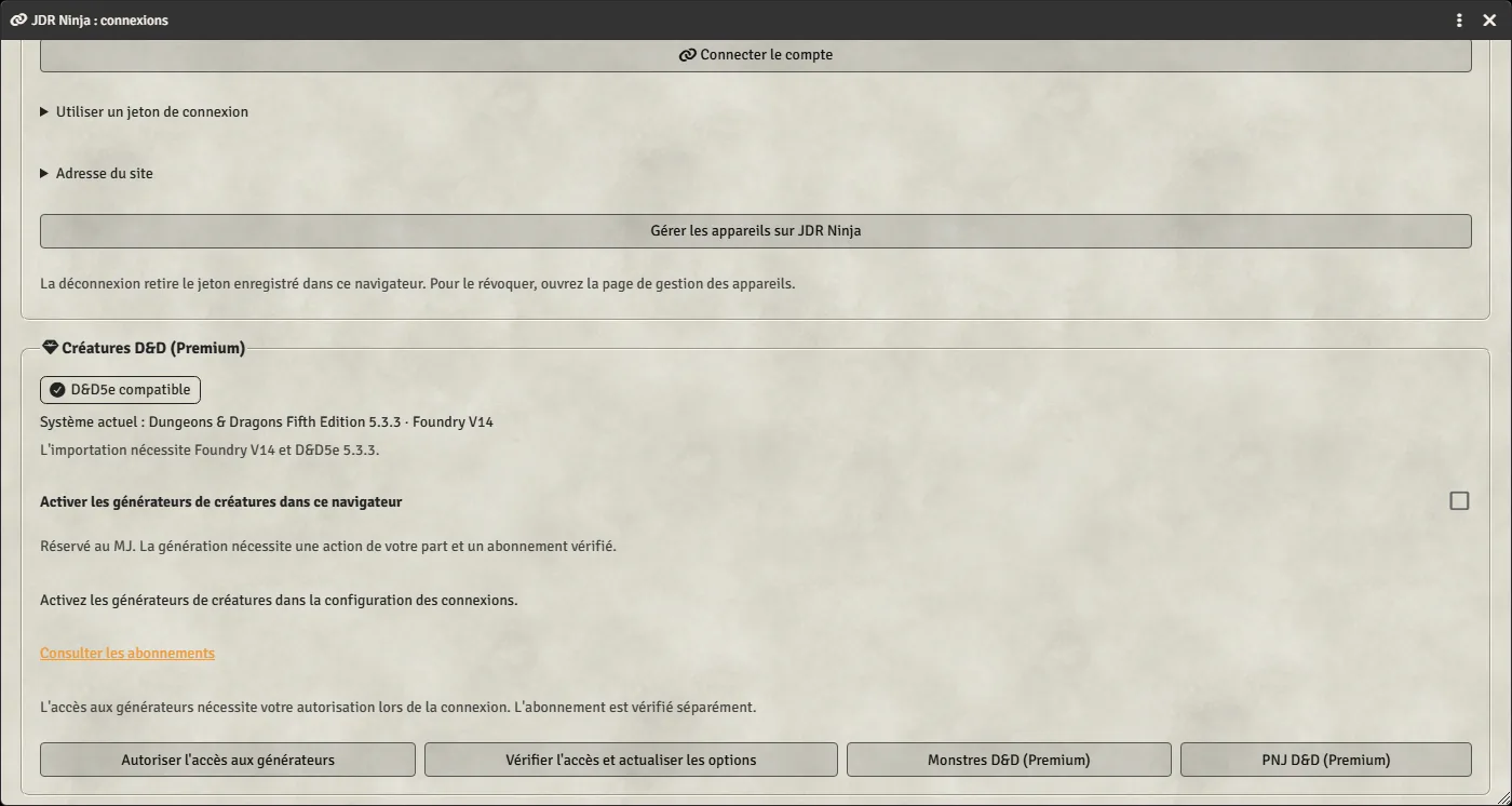 Section Créatures D&D de la fenêtre de connexions : compatibilité et conditions d’accès